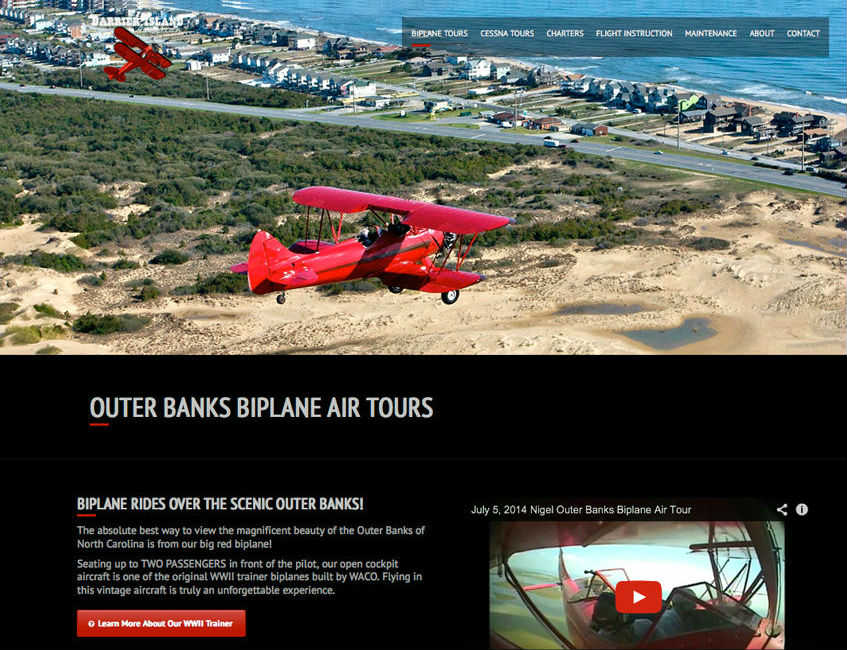 home page of a WordPress Web Design for Outer Banks biplane tours